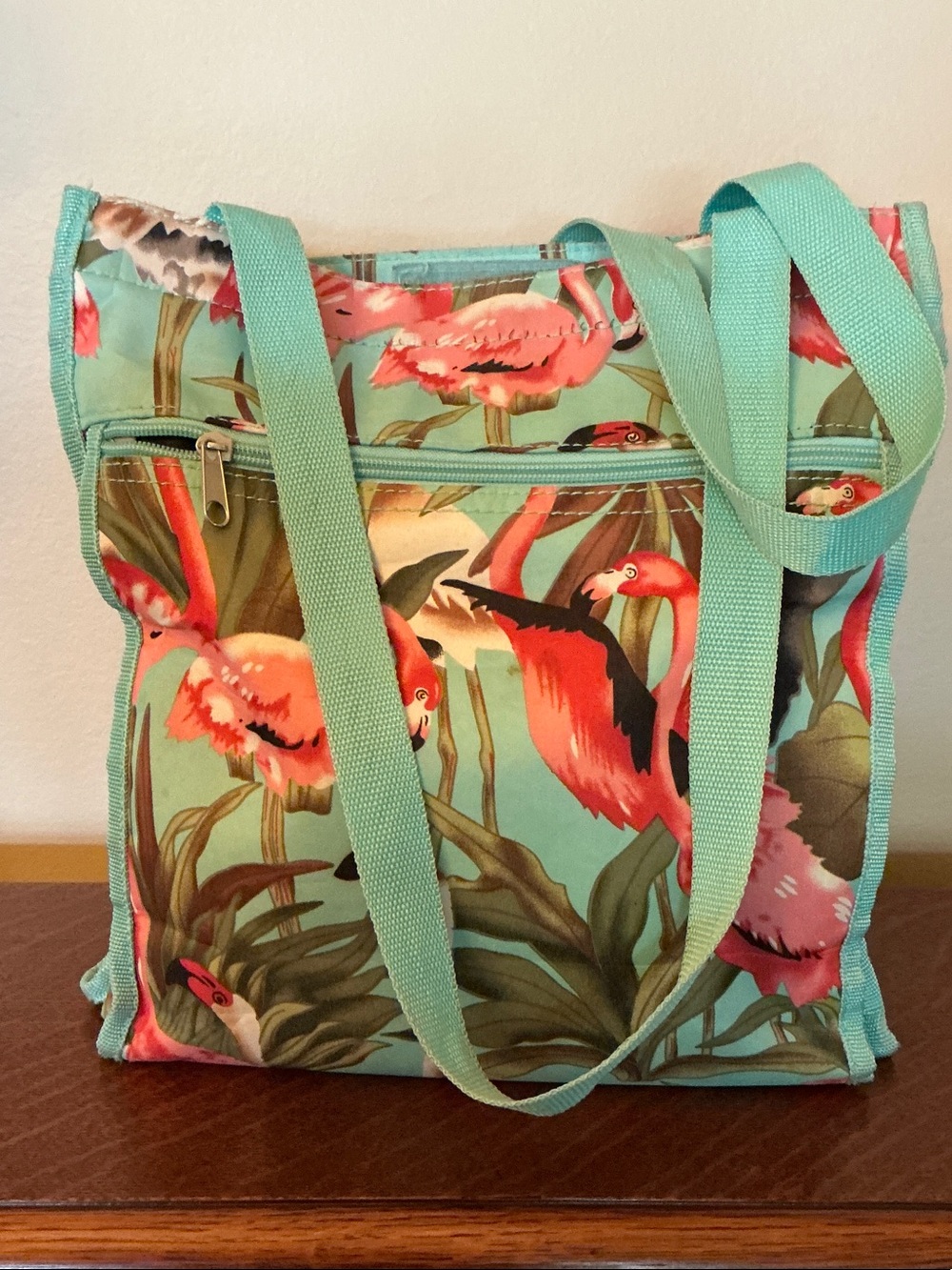 Tropical Flamingo Print Tote Bag in Aqua